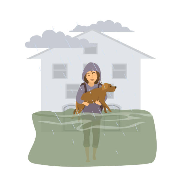 illustrazioni stock, clip art, cartoni animati e icone di tendenza di donna con il suo cane che cammina in acque alluvionali, fuggendo dall'alluvione, lasciando casa annegata - floodwaters