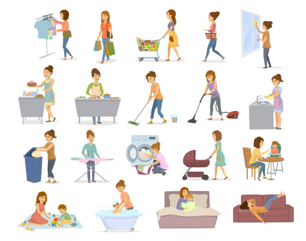 ilustrações de stock, clip art, desenhos animados e ícones de women are doing housework, preparing food cooking baking cleaning washing floor windows dishes, makes laundry, iron, shopping take care of child, play teach walk with kid, read the book, lying exhausted on sofa after home chores - desperdício alimentar