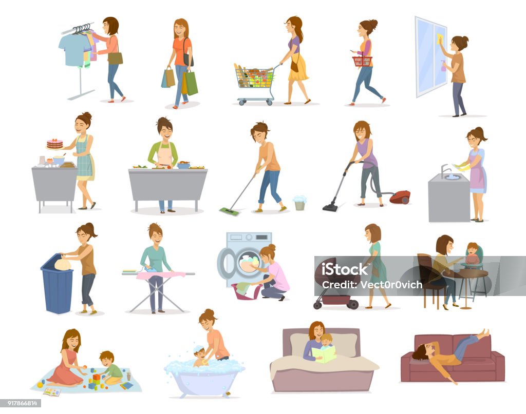 women are doing housework, preparing food cooking baking cleaning washing floor windows dishes, makes laundry, iron, shopping take care of child, play teach walk with kid, read the book, lying exhausted on sofa after home chores Women stock vector