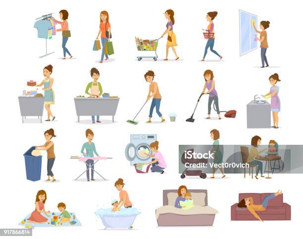 Women Are Doing Housework Preparing Food Cooking Baking Cleaning Washing Floor Windows Dishes Makes Laundry Iron Shopping Take Care Of Child Play Teach Walk With Kid Read The Book Lying Exhausted On Sofa After Home Chores Stock Illustration - Download Image Now