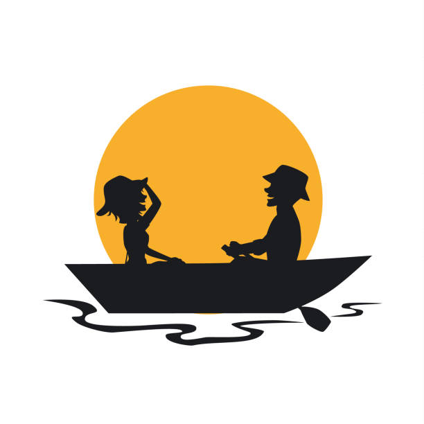 illustrazioni stock, clip art, cartoni animati e icone di tendenza di silhouette di coppia che ha un viaggio romantico su una barca a remi - nautical vessel fishing child image