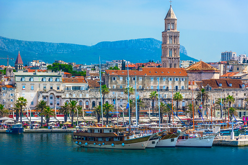 Seafront view at old city center in Split town, view from the Adriatic Sea, Croatia.
