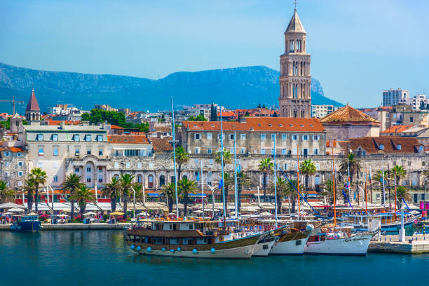 Old city center Split. Seafront view at old city center in Split town, view from the Adriatic Sea, Croatia. croatian culture photos stock pictures, royalty-free photos & images