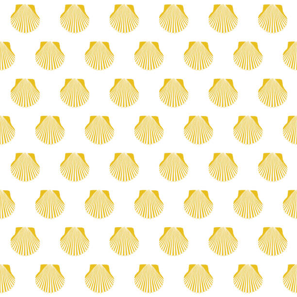 Yellow scallop shell Camino Santiago sign Seamless Yellow scallop shell. Camino Santiago sign. Seamless pattern. Pilgrims navigation sign. Symbol of the Camino de Santiago in Spain. modern church logos stock illustrations