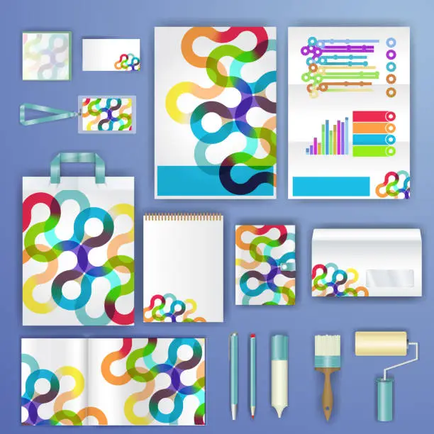 Vector illustration of Corporate identity template with color elements. Vector company business style for brandbook, report and guideline. Stationery template with abstract pattern theme illustration.