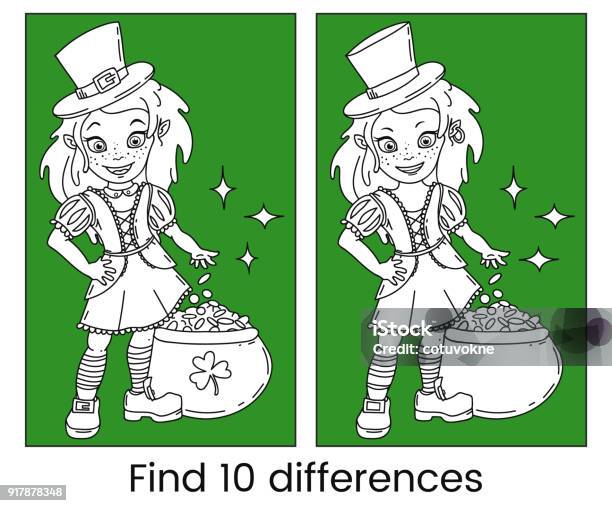 Cute Cartoon Irish Leprechaun Girl With The Pot Full Of Golden Coins Outline Vector Illustration For St Patricks Day Stock Illustration - Download Image Now