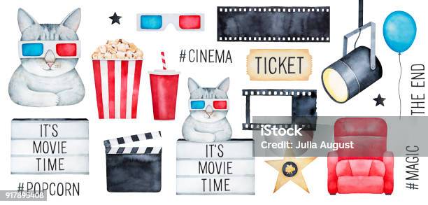 Big Cinema Set With Cute Funny Kitty Character Movie Time Elements Media Hashtags Clapper Filmstrip Stock Illustration - Download Image Now