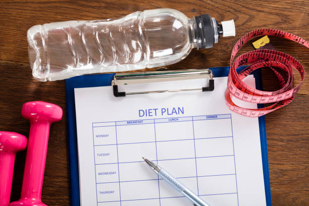 istock Diet Plan With Dumbbell, Water Bottle And Measuring Tape 917896560
