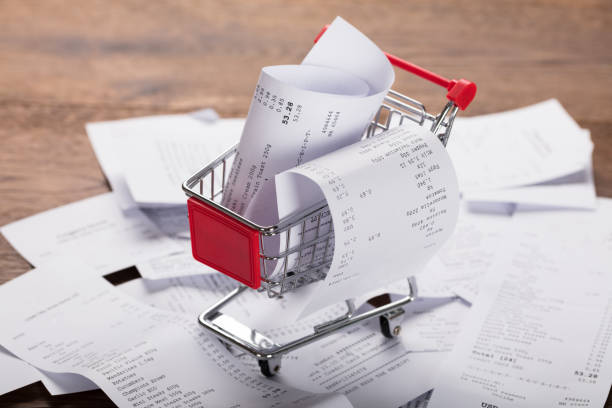 Shopping basket with long receipt. 3D rendering isolated on white background