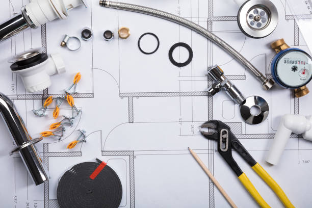 istock Plumbing Fixtures On Blueprint 917901570