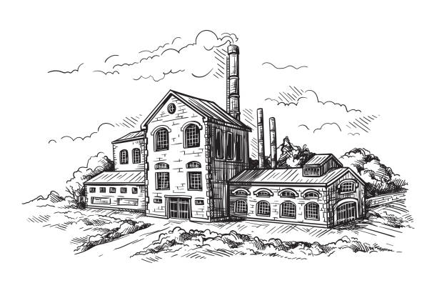 ilustraciones, imágenes clip art, dibujos animados e iconos de stock de fábrica de destilería industrial - whisky barrel distillery hard liquor