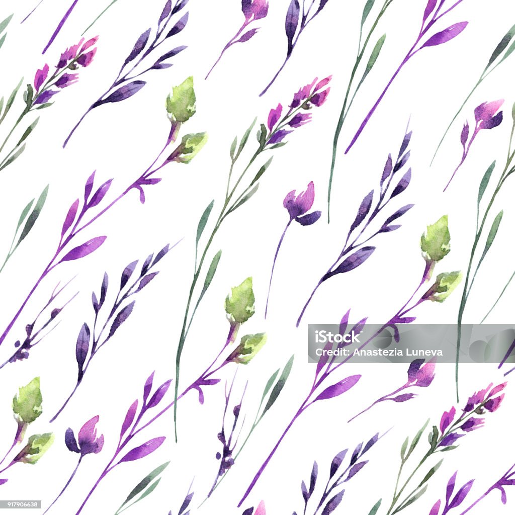 Seamless pattern delicate flowers and plants. Summer and spring watercolor illustration. Botanical texture in violet shades. Elegant design. Can be used for a poster, printing on fabric Seamless pattern delicate flowers and plants. Summer and spring watercolor illustration. Botanical texture in violet shades. Elegant natural design. Can be used for a poster, printing on fabric. Floral Pattern stock illustration