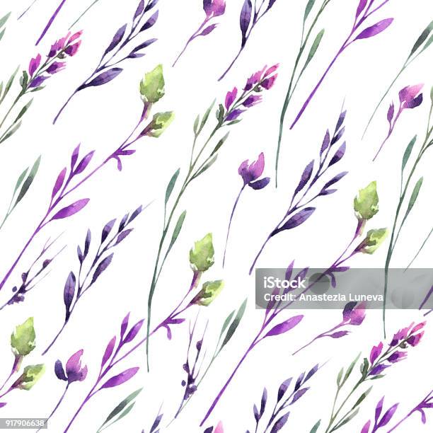 Seamless Pattern Delicate Flowers And Plants Summer And Spring Watercolor Illustration Botanical Texture In Violet Shades Elegant Design Can Be Used For A Poster Printing On Fabric Stock Illustration - Download Image Now