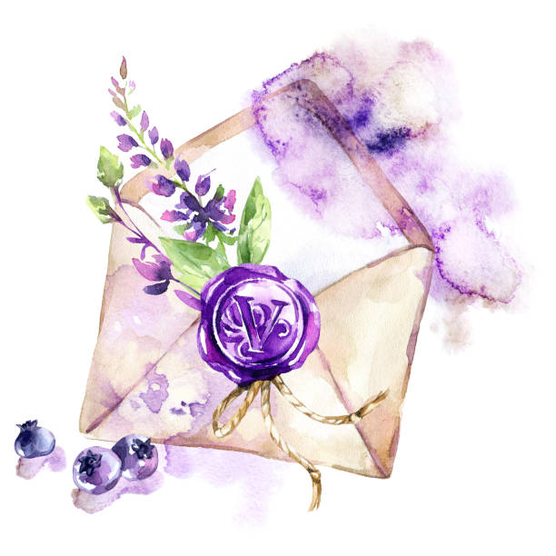 ilustrações de stock, clip art, desenhos animados e ícones de watercolor illustration. ancient envelope with wax seal, flowers and berries. antique objects. spring collection in violet shades. clipart, diy, scrapbooking elements - antique old fashioned illustration and painting ancient