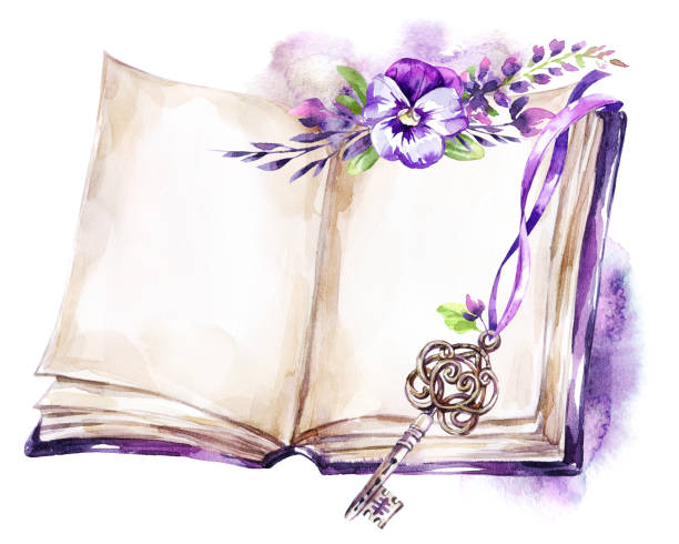 ilustrações de stock, clip art, desenhos animados e ícones de watercolor illustration. opened old book with a ribbon, pansy, leaves and key. antique objects. spring collection in violet shades. clipart, diy, scrapbooking elements - antique old fashioned illustration and painting ancient