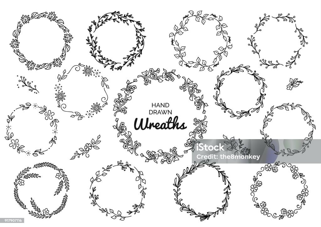 Vintage set of hand drawn rustic wreaths. Floral vector graphic on white board. Nature design elements Vintage set of hand drawn rustic wreaths. Floral vector graphic on white board. Nature design elements. Wreath stock vector