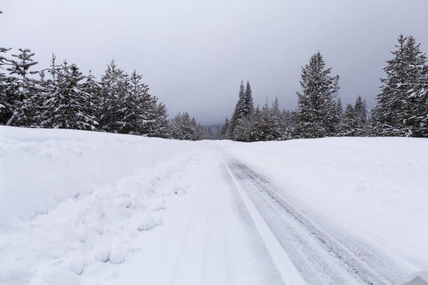 istock Snowy road with icy conditions 917908250