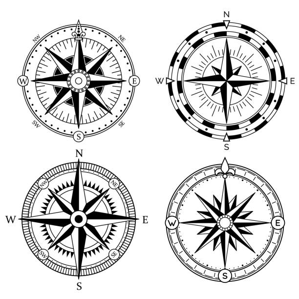 illustrations, cliparts, dessins animés et icônes de collection de vector design rétro rose des vents. vintage rose des vents marin ou nautique et boussole icônes définies, pour les voyages, conception de navigation - drawing compass compass rose direction sea