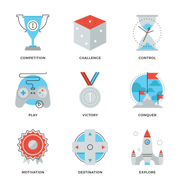 Leadership elements line icons set Thin line icons of competitive advantage solution, business gamification strategy, leadership move, winning strategy ideas. Modern flat line design element vector collection logo illustration concept. gamification badge stock illustrations