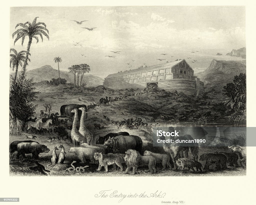 The Animals entering Noah's Ark, Genesis Vintage engraving of The Animals entering Noah's Ark, Genesis Noah - Religious Figure stock illustration