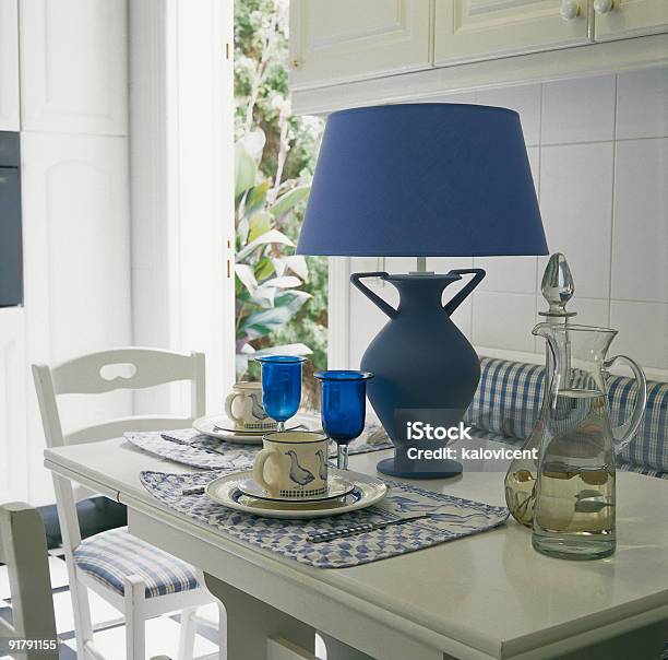 Breakfast Table Stock Photo - Download Image Now - Electric Lamp, Kitchen Counter, Blue Glass