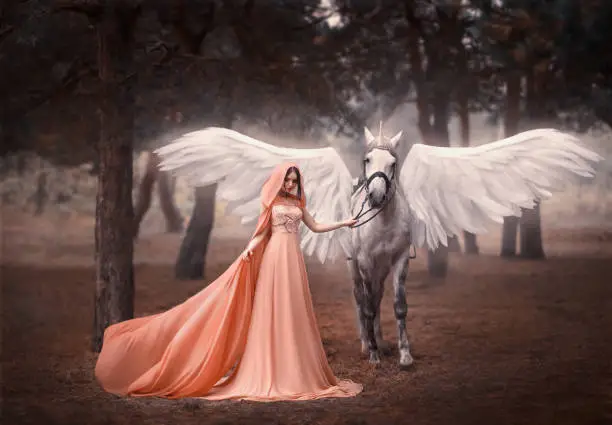 Beautiful, young elf, walking with a unicorn. She is wearing an incredible light, white dress. Artistic Photography