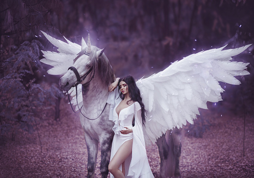 Beautiful, young elf, walking with a unicorn. She is wearing an incredible light, white dress. Artistic Photo