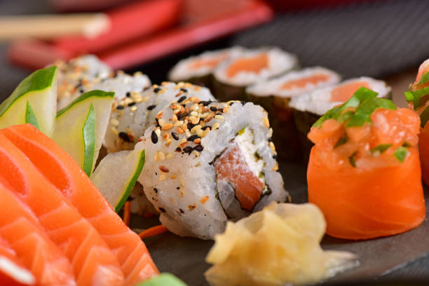 Sushi mix Close up on salmon sashimi texture sushi photos stock pictures, royalty-free photos & images