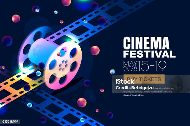 Vector Glowing Neon Cinema Festival Banner Film Reel In 3d Isometric Style On Abstract Night Cosmic Sky Background Stock Illustration - Download Image Now