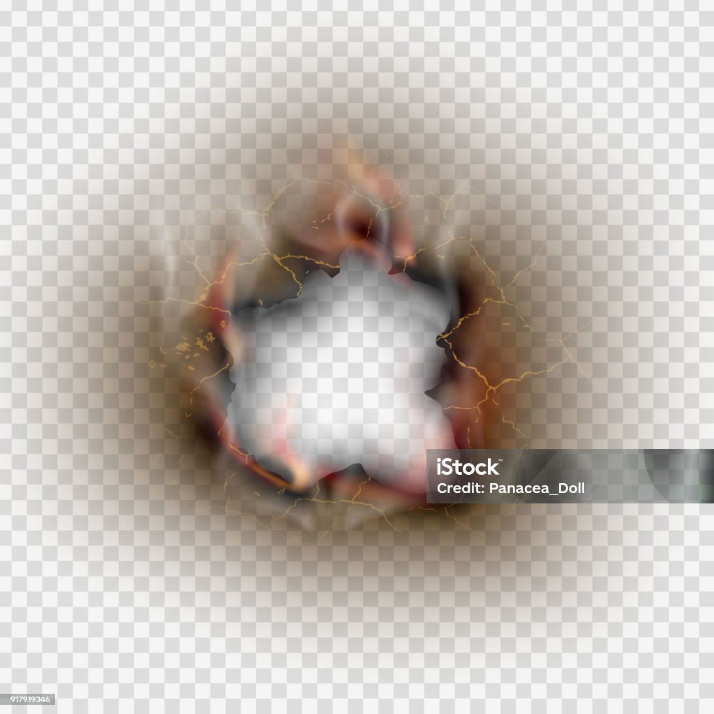 Hole torn in ripped paper with burnt and flame on transparent background Paper stock vector