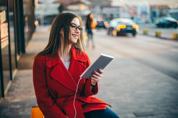 istock Elegant Happy businesswoman using touch pad 917919524