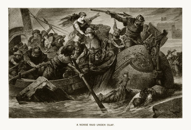 ilustrações de stock, clip art, desenhos animados e ícones de nordic raid under olaf tryggveson engraving - sea battle