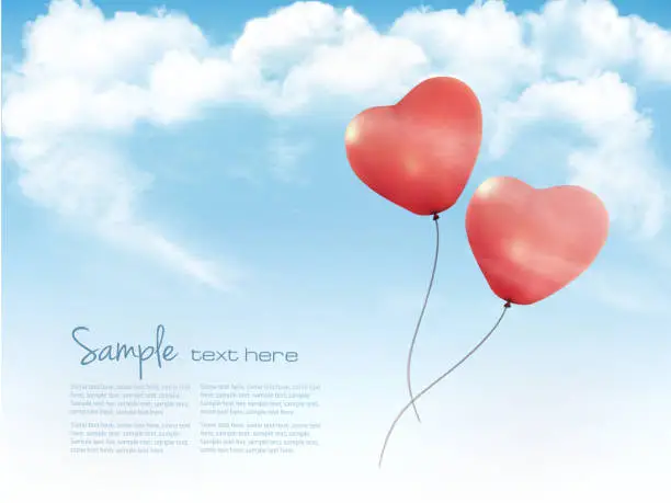 Vector illustration of Valentine heart-shaped baloons in a blue sky with clouds.