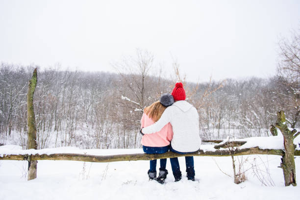 istock Happy couple at snow background from back 917926170