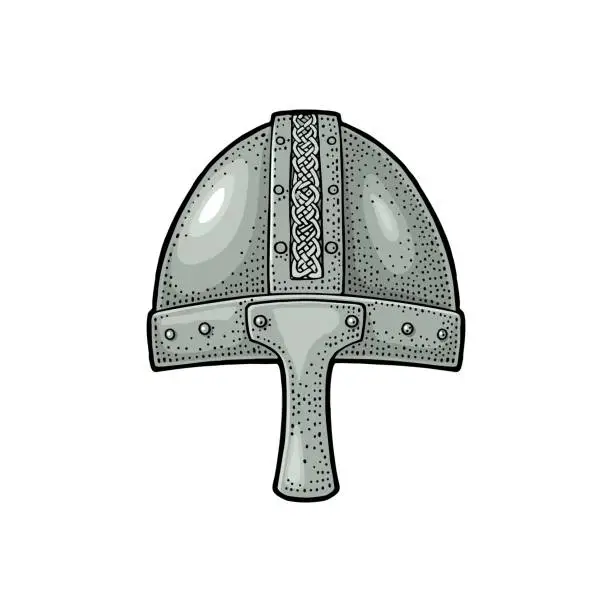 Vector illustration of Viking medieval helmet. Engraving vintage black illustration.