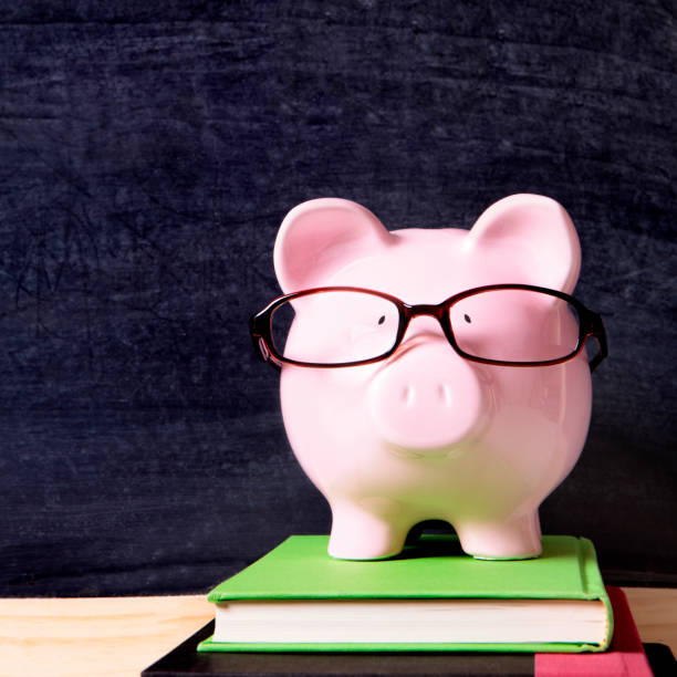 istock Piggy bank with glasses and blackboard 917930492