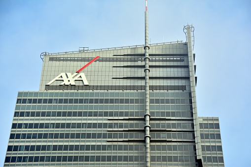 Warsaw, Poland. 3 February 2018. Axa sign neon. WTT Tower.