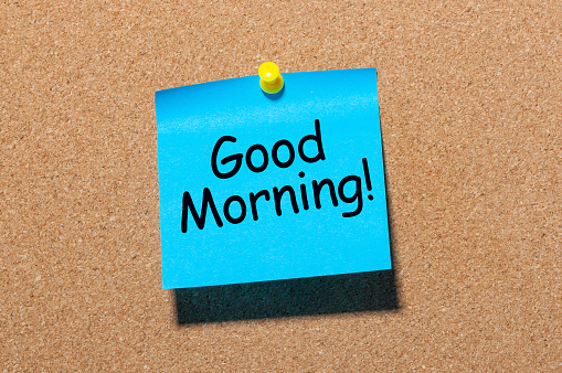Good Morning Mini Notes Blue Sticky Note Write Good Morning Isolated On Cork Board Background ...