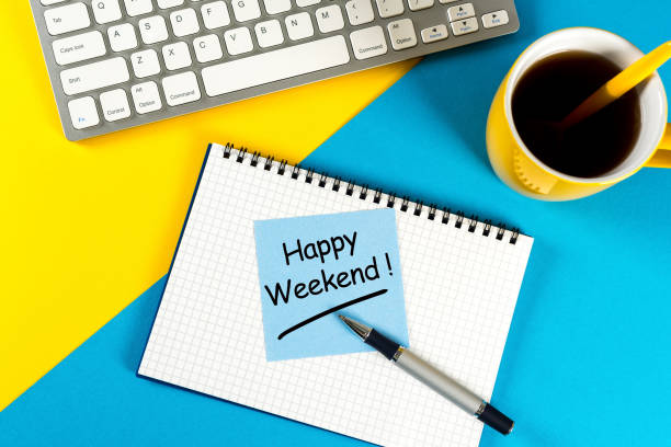 istock Work place concept - Office Desk with Notes About Happy Weekend with morning coffee cup 917936368