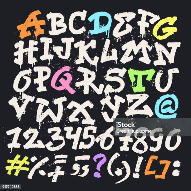 Alphabet Graffity Vector Alphabetical Font Abc By Brush Stroke With Letters And Numbers Or Grunge Alphabetic Typography Illustration Isolated On Black Background Stock Illustration - Download Image Now