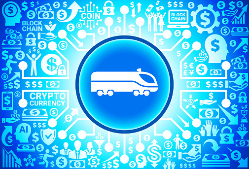 Train  Icon on Money and Cryptocurrency Background. The icon is white in color and is placed in the center of the image inside a blue glowing circle button with a dark blue outline, The background of the image is composed of various cryptocurrency money and finance icons. The background has a blue gradient and a glow effect. There are also circuit board elements present which represent modern digital trading.
