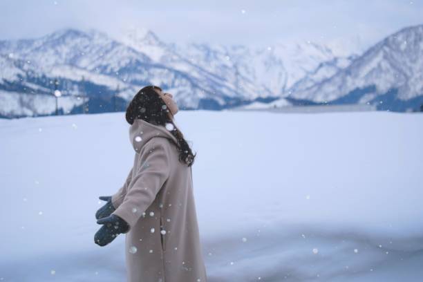 Women enjoy the view of winter landscape