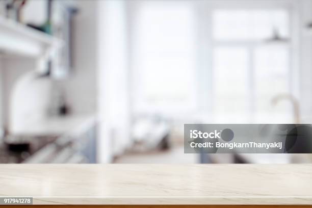 Empty Marble Counter In Kitchen Room For Food Or Product Display Montage Stock Photo - Download Image Now