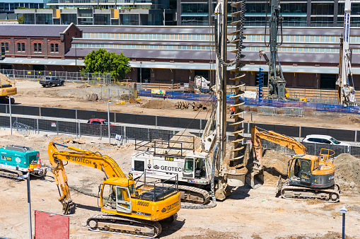 Melbourne, Australia - December 7, 2016: Construction site with construction equipment and heavy machinery
