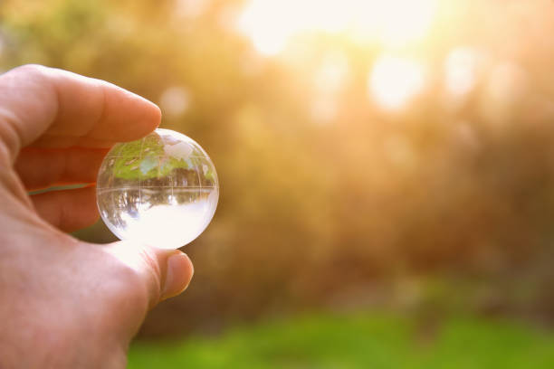 istock male hand holding small crystal globe. travel and global issues concept. 917958282