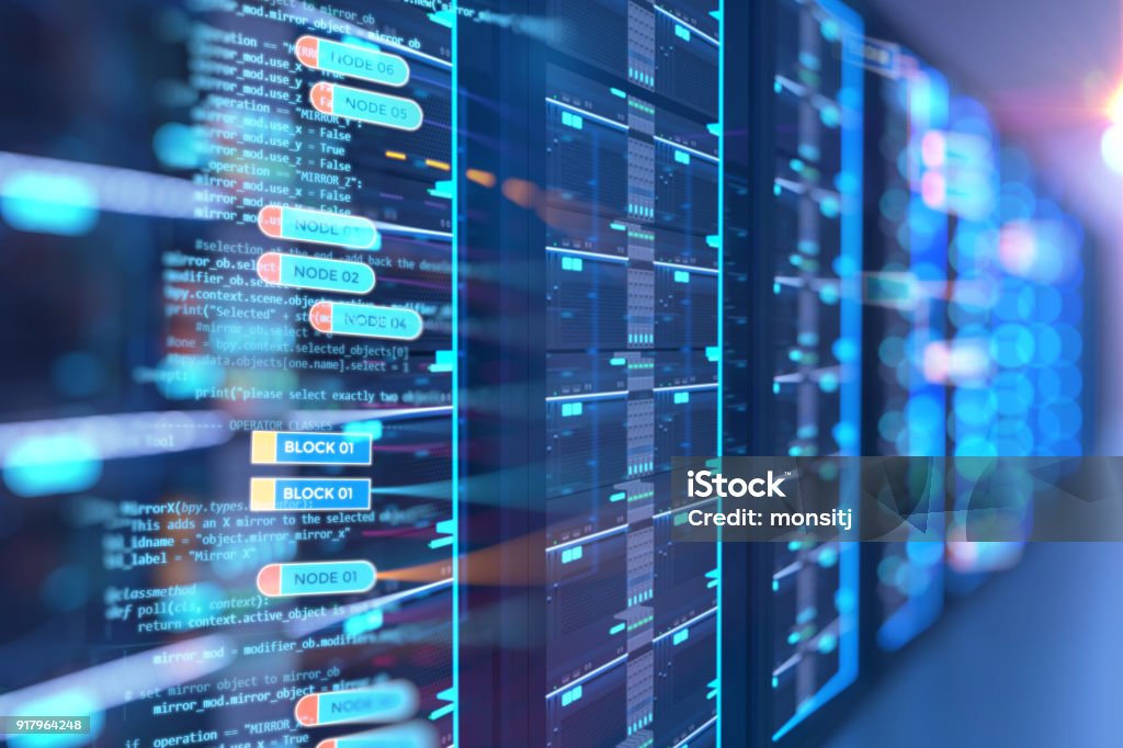 server room 3d illustration with node base programming data  design element. server room 3d illustration with node base programming data  design element.concept of big data storage and  cloud  Network Server Stock Photo