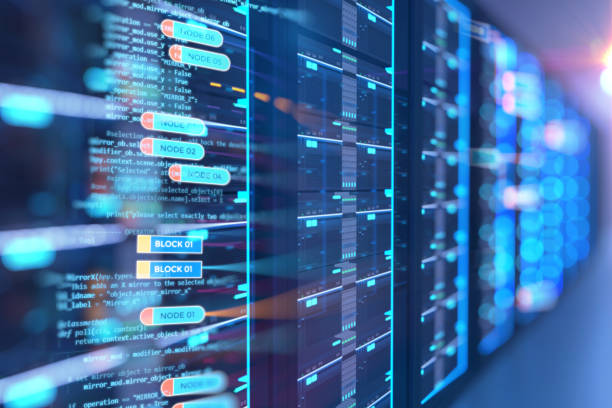 serwerownia ilustracja 3d z elementem projektowania danych podstawowych programowania węzłów. - router wireless technology computer part node zdjęcia i obrazy z banku zdjęć