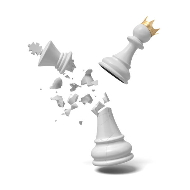 istock 3d rendering of a cracked white chess king piece breaks under a flying white pawn with a golden crown 917971684