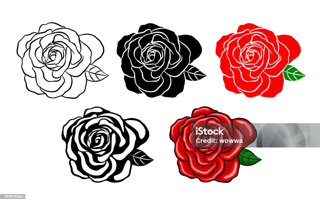 Sammlung von Rosen. Silhouette von Schwarz, Farbe und Schatten Stil. - Lizenzfrei Rose Vektorgrafik