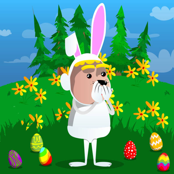 ilustraciones, imágenes clip art, dibujos animados e iconos de stock de niño disfrazado de conejito de pascua con las manos sobre la boca. - easter rabbit baby rabbit mascot